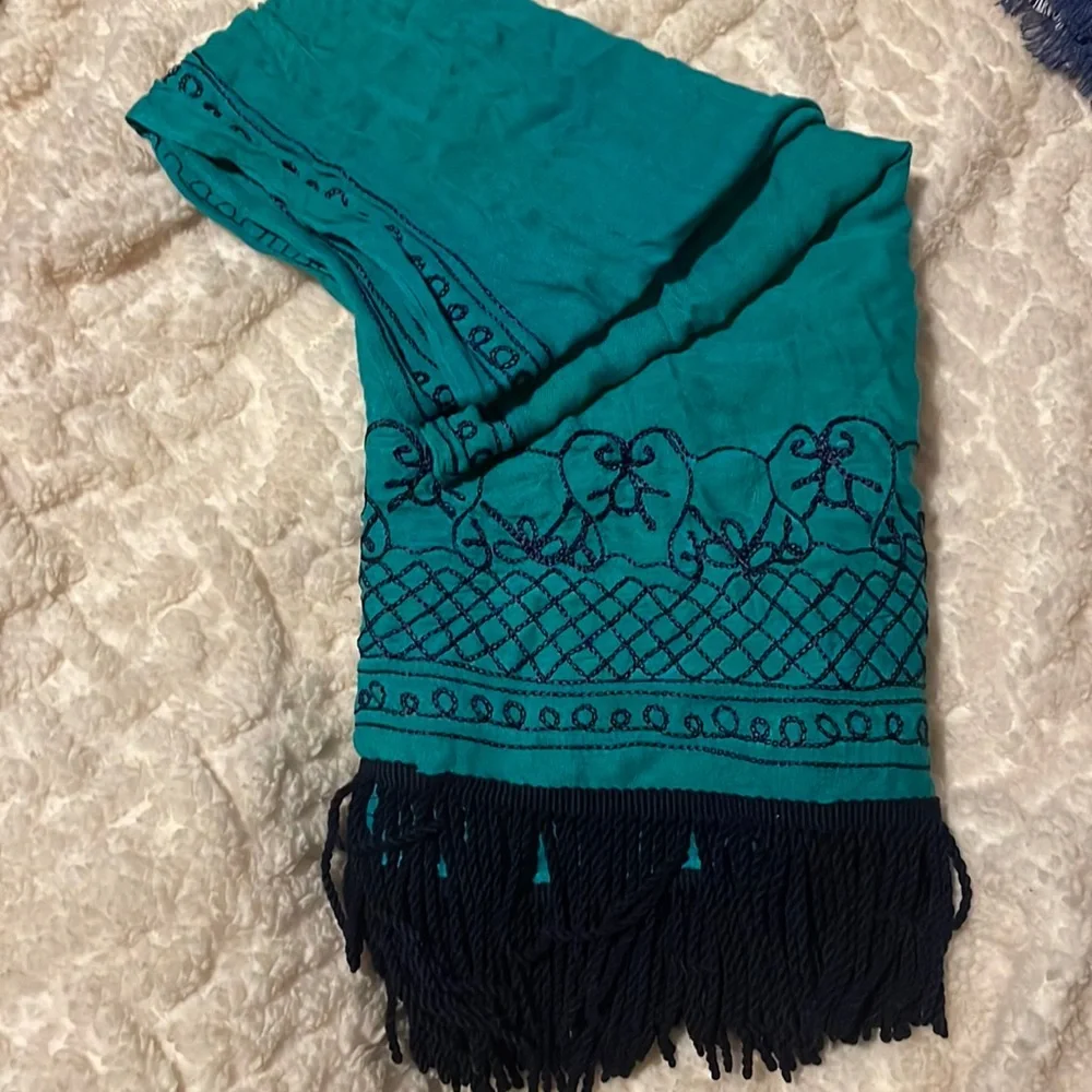 Teal and navy eternity scarf, navy embroidery and tassel details